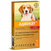Bayer Адвокат 250 капли для собак 10-25 кг от чесоточных клещей, блох и гельминтов (1 пипетка х 2,5 мл)