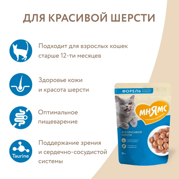 Мнямс влажный корм для кошек для здоровья шерсти с форелью в соусе, 85 г