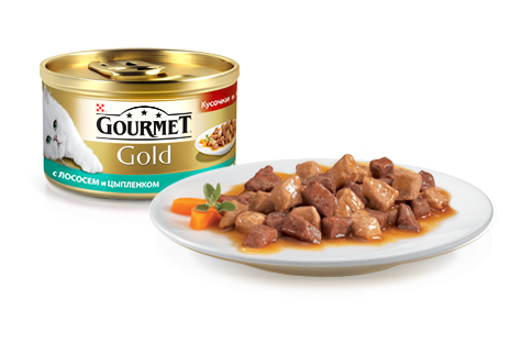 Gourmet Gold для кошек консервы кусочки в соусе лосось цыплёнок 85г