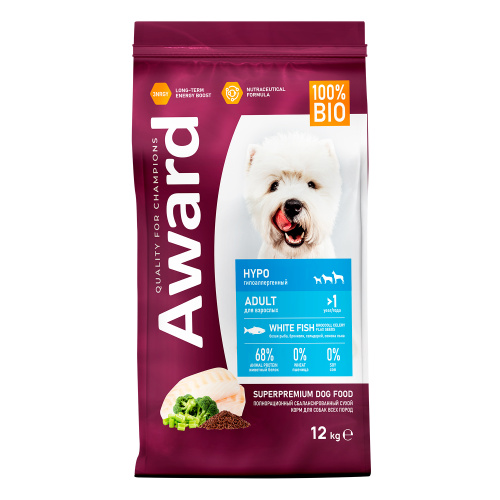 AWARD Hypoallergenic сухой корм для собак с белой рыбой, 12 кг