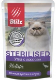 BLITZ Holistic влажный корм для стерилизованных кошек с уткой и лососем в соусе, 85 г
