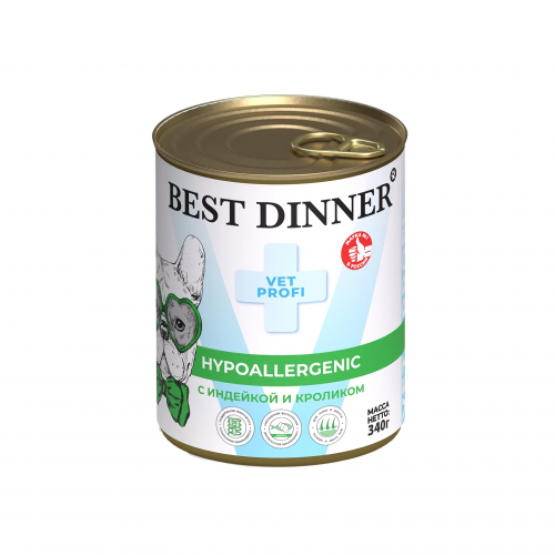 Best Dinner VET PROFI Hypoallergenic влажный корм для собак, склонных к аллергии, с индейкой и кроликом, 340 г
