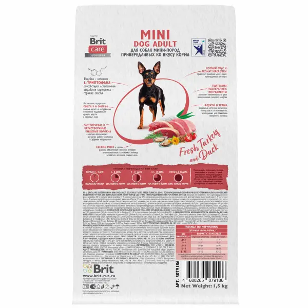 Brit Care Mini сухой корм для собак мини-пород с индейкой и уткой, 1,5 кг