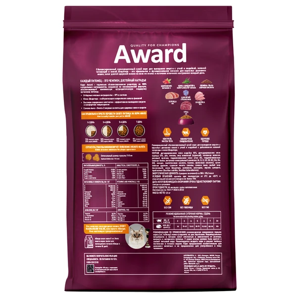 AWARD Hairball сухой корм для кошек для выведения шерсти с уткой и индейкой, 1,5 кг