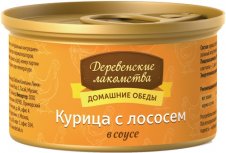 Деревенские лакомства консервы для кошек курица лосось в соусе 80г