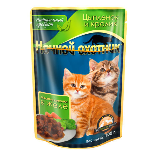 Ночной охотник пауч для котят кусочки в желе цыплёнок кролик 100 г
