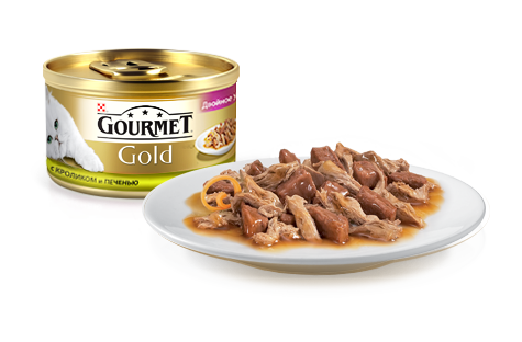 Gourmet Gold для кошек консервы кусочки в соусе кролик печень 85г
