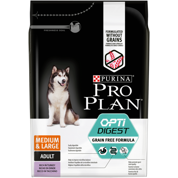Сухой корм Purina Pro Plan Optidigest Grain Free Formula для взрослых собак средних и крупных пород с чувствительным пищеварением, с высоким содержанием индейки, 2,5 кг
