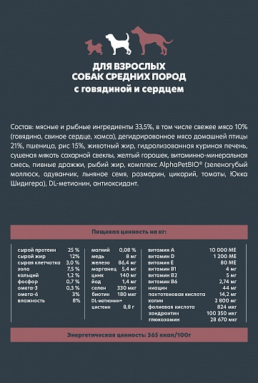 AlphaPet WOW сухой корм для собак средних пород с говядиной и сердцем, 15 кг