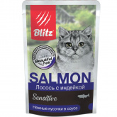 BLITZ Sensitive влажный корм для кошек с лососем и индейкой в соусе, 85 г