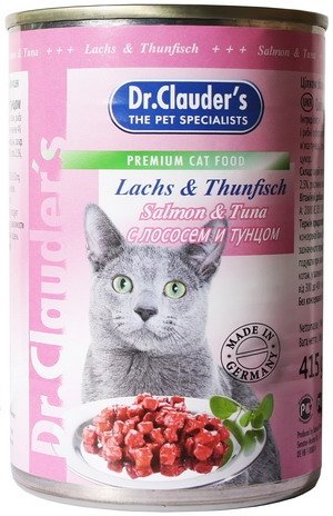 Dr. Clauder’s влажный корм для кошек с лососем и тунцом, кусочки в соусе, 415 г