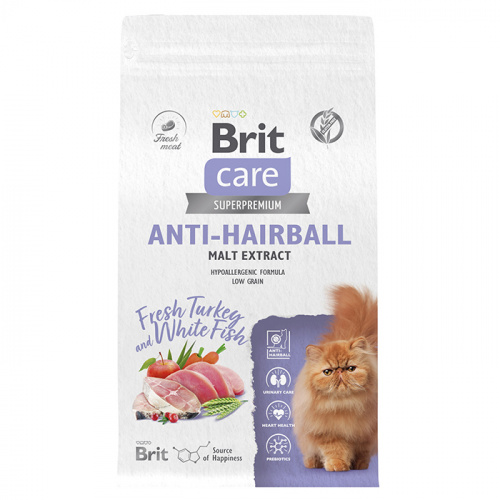 Сухой корм BRIT Care Cat Anti-Hairball д/к с белой рыбой и индейкой 1,5 кг