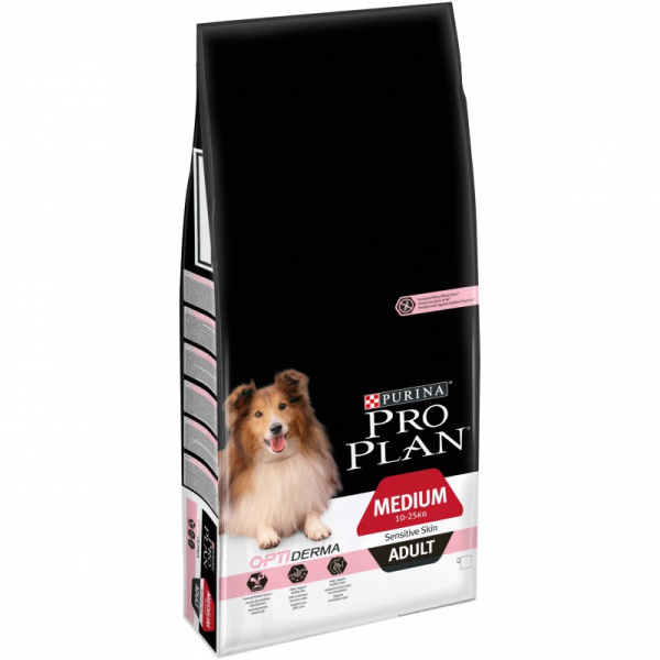 Сухой корм Purina Pro Plan для взрослых собак средних пород с чувствительной кожей, лосось с рисом, 14 кг
