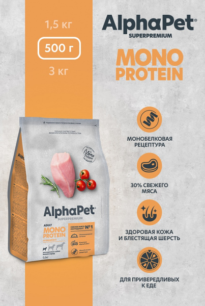 Сухой корм АльфаПет Monoprotein для собак мини Индейка 3 кг