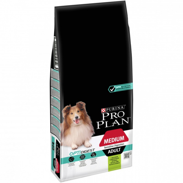 Purina Pro Plan сухой корм для взрослых собак средних пород с чувствительным пищеварением с ягнёнком, 14 кг
