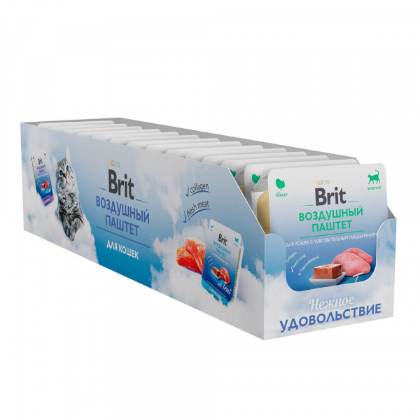 Brit Premium влажный корм для взрослых кошек с чувствительным пищеварением, паштет с индейкой, 100 г