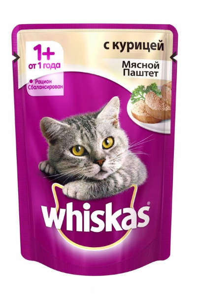 Whiskas влажный корм для кошек, паштет с курицей, 75 г