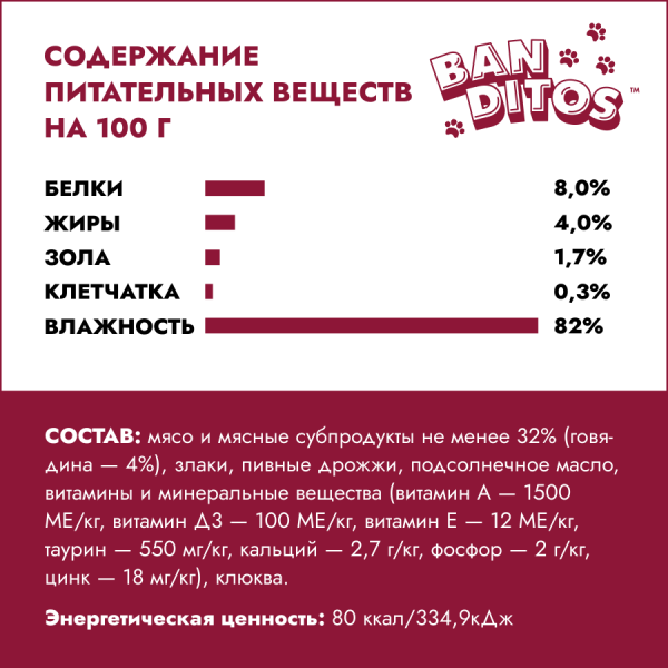 Banditos влажный корм для кошек с говядиной в желе, 75 г