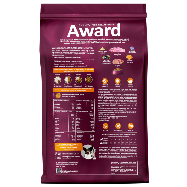 AWARD сухой корм для собак средних пород с индейкой и курицей, 2 кг