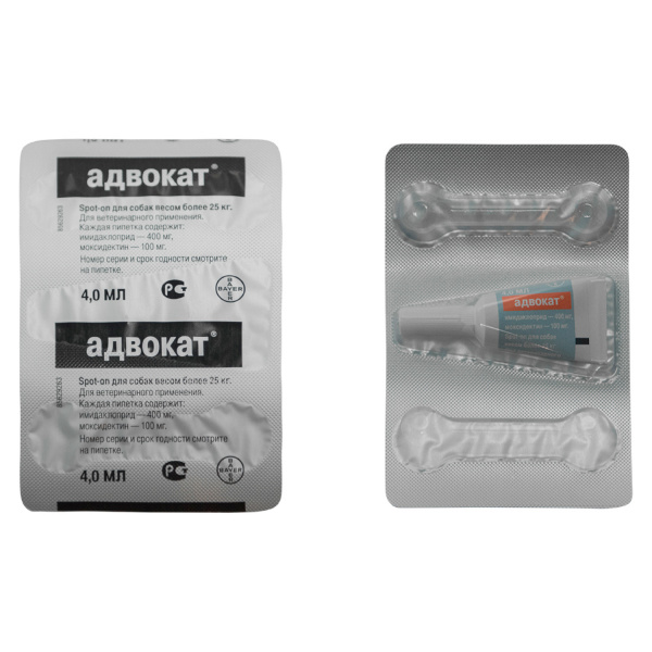 Bayer Адвокат 400 капли для собак 25-40 кг от чесоточных клещей, блох и гельминтов (1 пипетка х 4 мл)