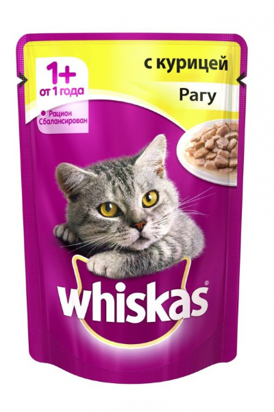 Whiskas влажный корм для кошек с курицей, рагу, 75 г