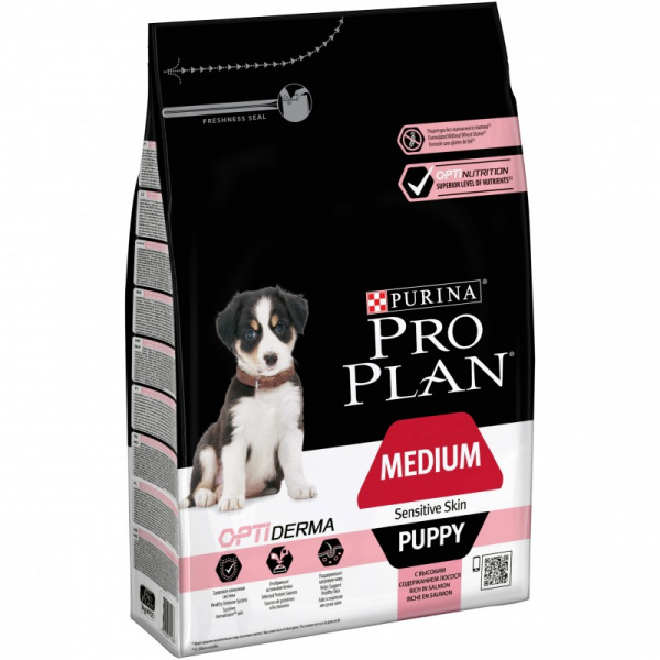 Purina Pro Plan сухой корм для щенков средних пород с чувствительной кожей с лососем и рисом, 3 кг