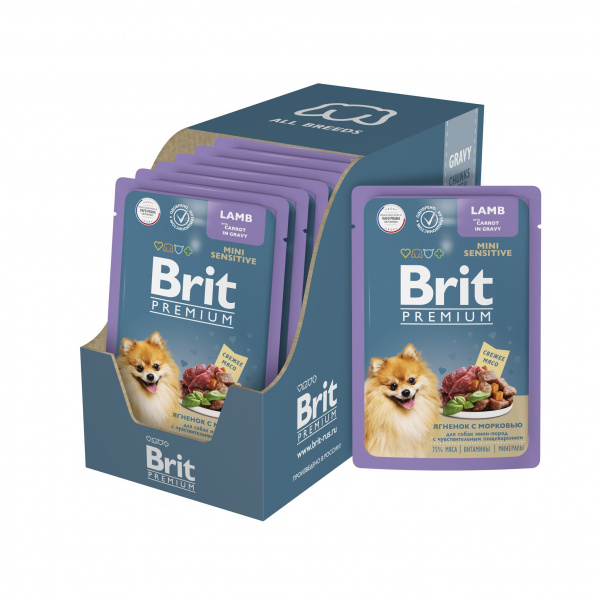 Brit Premium влажный корм для собак мини-пород с чувствительным пищеварением с ягнёнком и морковью в соусе, 85 г