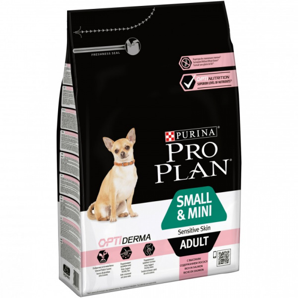 Purina Pro Plan сухой корм для взрослых собак мелких пород с чувствительной кожей с лососем и рисом, 3 кг
