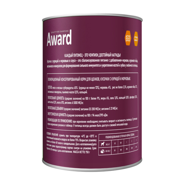 Влажный корм AWARD консервы для щенков Курица морковь в соусе 750г