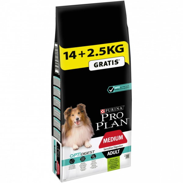 Сухой корм Purina Pro Plan для взрослых собак средних пород с чувствительным пищеварением, ягнёнок, 12 + 2 кг